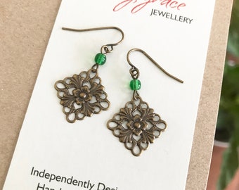 Small Brass Filigree Dangles , Boho Hippie Style Jewellery , Gift for Her