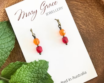 Minimal Red and Orange Bead Earrings , Simple Beaded Glass Drops , Gift for Her , Under 10 , Small Colourful Earrings