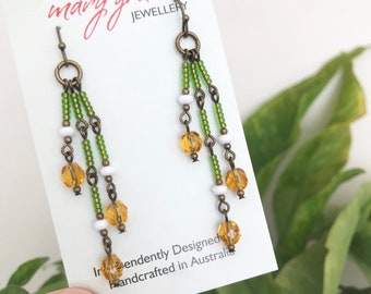 Beaded Green and Amber Yellow Earrings , Seed Bead Earrings , Bohemian Hippie Jewellery , Cascade Earrings , Gift for Her