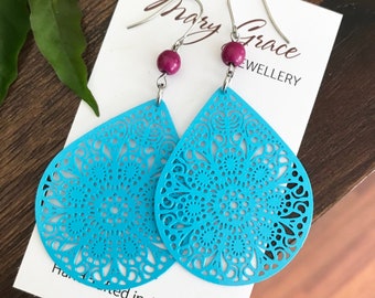 Sky Blue Dangle Earrings , Teardrop Filigree Dangle Earrings , Boho Mandala Flower Earrings , Colourful Bright Blue Jewellery