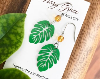 Green Monstera Earrings , Little Metal Leaf Dangles , Honey Yellow Glass Bead Earrings , Nature Inspired Jewellery , Boho Botanical Jewelry