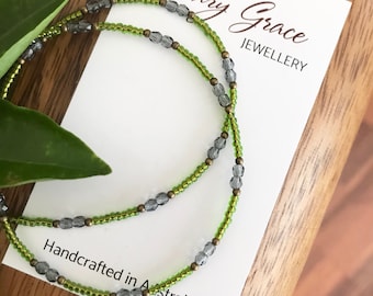 Green and Grey Beaded Choker , Seed Bead Dainty Necklace , Boho Hippie Jewellery , Layering Necklace , Gift for Her