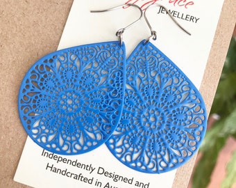 Sky Blue Teardrop Filigree Dangle Earrings , Large Lightweight Mandala Patterned Metal Earrings , Modern Bohemian Jewellery , Gift for Her