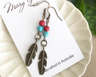 Bronze Feather Dangle Earrings , Turquoise Stone Bead Earrings , Boho Hippie Jewellery , Light Dangle Earrings , Gift for Her