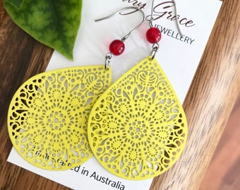 Yellow Teardrop Filigree Earrings , Ruby Red Glass Bead Earrings , Large Lightweight Metal Dangles , Colourful Boho Hippie Jewellery