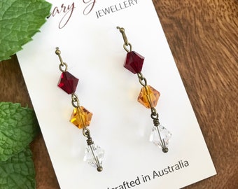 Crystal Bi-cone Earrings , Beaded Dangle Earrings , Red Yellow Clear Bead Earrings , Modern Boho Style Jewellery