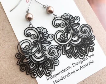 Black Flourish Dangle Earrings , Vintage Bohemian Style Jewellery , Lightweight Thin Metal Earrings , Gift for Her