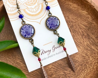 Purple Mandala Dangle Earrings , Eclectic Beaded Glass and Crystal Jewellery , Long Assemblage Earrings , Emerald Green Czech Crystals