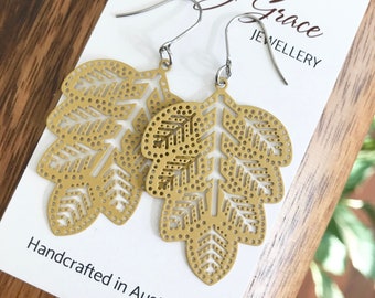 Pale Yellow Leaf Earrings , Metal Filigree Dangle Earrings , Nature Style Jewellery , Gift for Her