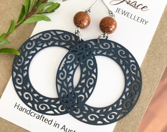 Slate Blue Hoop Earrings , Circle Filigree Dangles , Brown Wood Bead Earrings , Boho Hippie Jewellery for Women , Gift for Her