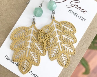 Pale Muted Yellow Leaf Earrings , Green Aventurine Gemstone Earrings, Nature Inspired Bohemian Hippie Jewellery, Lightweight Dangle Earrings