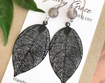 Black Leaf Earrings , Nature Inspired Bohemian Hippie Jewellery , Grey Agate Gemstone Bead Earrings , Modern Hippie Earrings