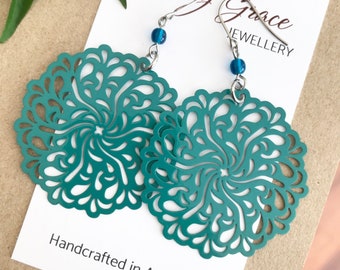 Teal Green Dangle Earrings , Flourish Swirl Metal Earrings , Fun Boho Hippie Jewellery , Colourful Earrings