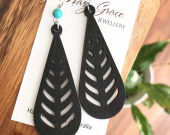 Long Teardrop Earrings , Wooden Black Geometric Dangle Earrings , Boho Hippie Jewellery , Laser Cut Lightweight Earrings