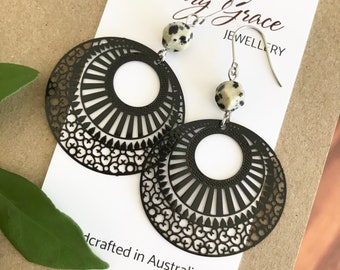 Black Filigree Hoop Dangle Earrings , Circle Metal Boho Hippie Earrings , Dalmatian Jasper Bead Earrings , Gift for Her