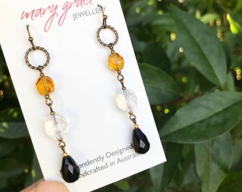 Fire Polished Glass Dangle Earrings , Warm Honey and Milky Opal White , Beaded Bohemian Earrings , Faceted Bead Earrings , Gift for Her