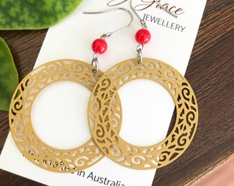 Mustard Yellow Hoop Earrings , Circle Filigree Dangles , Boho Metal and Glass Jewellery , Hippie Jewelry for Women , Gift for Her