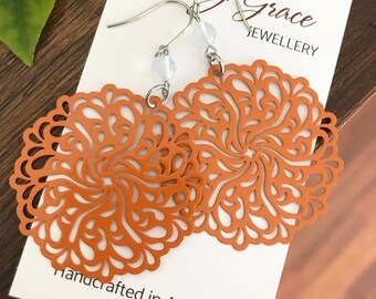 Bright Orange Flourish Dangle Earrings , Circle Filigree and Glass Bead Earrings , Modern Boho Hippie Jewellery , Gift for Her