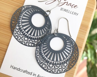 Grey Filigree Dangle Earrings , Circle Filigree Charm Earrings , Lightweight Thin Metal Dangles , Boho Hippie Style Jewellery , Gift for Her