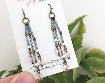 Beaded Cascade Earrings , Pink and Blue Bead Boho Dangle Earrings , Gift for Her