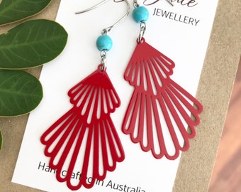Colourful Red Fan Earrings , Turquoise Stone Bead Earrings , Deco Boho Style Jewellery , Metal and Stone Earrings