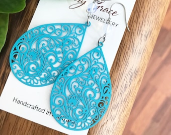 Bright Sky Blue Dangle Earrings , Light Metal Teardrop Earrings, Flourish Swirl Design , Bohemian Hippie Jewellery , Gift for Her