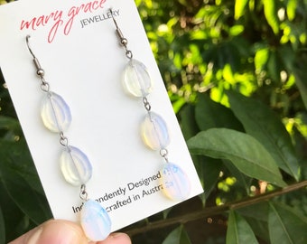 Long Glass Dangle Earrings , Opal Glass Teardrop Linear Earrings , Modern Boho Style Jewellery , Beaded Glass Earrings for Women