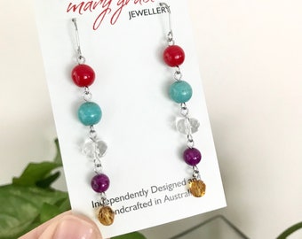 Beaded Glass Earrings , Colourful Fun Dangle Earrings , Modern Boho Hippie Jewellery , Long Bead Earrings