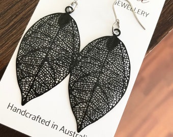 Black Leaf Dangle Earrings , Metal Lightweight Earrings , Nature Style Boho Hippie Jewellery