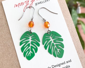 Tropical Leaf Earrings , Green Monstera Dangle Earrings , Bright Colourful Earrings , Nature Style Boho Jewellery , Gift for Her