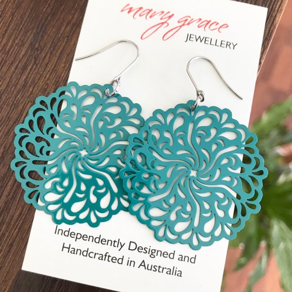 Teal Green Flourish Earrings , Circle Lightweight Metal Dangle Earrings , Modern Boho Hippie Jewellery , Gift for Her