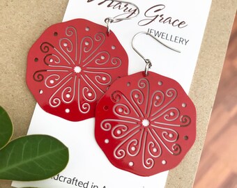 Bright Red Metal Dangle Earrings , Metal Charm Earrings , Boho Hippie Earrings , Gift for Her