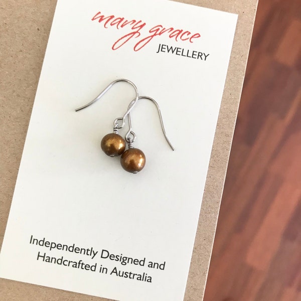 Freshwater Pearl Earrings , Brown Bronze Pearl Drops , Minimalist Jewellery , Hypoallergenic Jewellery , Simple Everyday Earrings