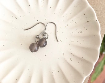 Creamy Translucent Grey Agate Drops , Beaded Gemstone Earrings , Gift for Her , Minimalist Jewellery , Simple Bead Drop Earrings