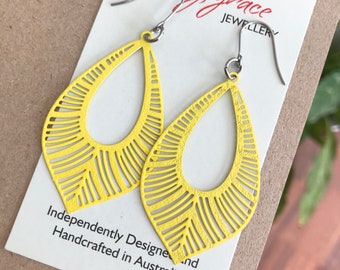 Yellow Teardrop Earrings , Colourful Metal Boho Earrings , Lightweight Dangle Earrings , Gift for Her