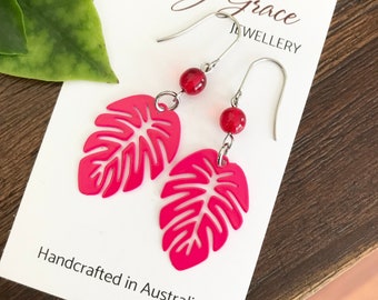 Fluro Pink Leaf Earrings , Monstera Leaves and Red Glass Bead Dangle Earrings , Modern Boho Nature Inspired Jewellery , Gift for Her