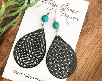 Black Teardrop Dangle Earrings , Turquoise Stone Beaded Earrings , Modern Boho Jewellery , Black Filigree