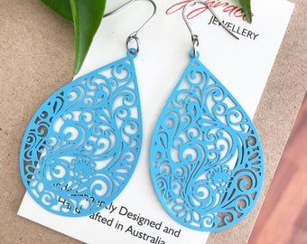 Bright Turquoise Blue Dangle Earrings , Teardrop Filigree Boho Earrings , Colourful Vibrant Statement Jewellery , Gift for Her