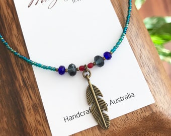 Beaded Boho Choker , Glass Seed Beads Feather Necklace , Teal Green Beads , Bronze Metal Charm , Hippie Jewellery , Toggle Closure