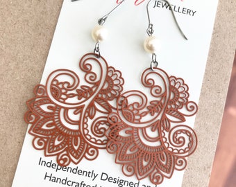 Chestnut Brown Flourish Dangle Earrings , Vintage Bohemian Style Jewellery , Lightweight Thin Metal Earrings , Gift for Her