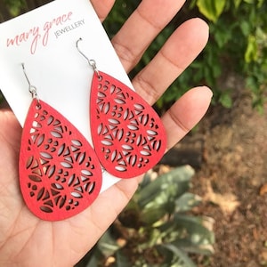 Bright Red Dangle Earrings , Teardrop Wooden Earrings , Large Lightweight Earrings , Boho Hippie Jewellery image 1