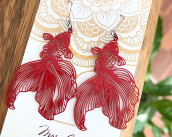 Red Koi Earrings , Japanese Fighting Fish Dangle Earrings , Lightweight Metal Earrings