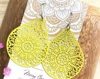 Yellow Teardrop Filigree Earrings , Mandala Dangle Earrings , Modern Boho Jewellery , Large Lightweight Earrings