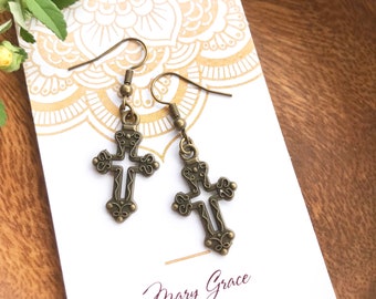 Bronze Cross Earrings , Gothic Metal Cross Earrings , Rustic Metal Jewellery