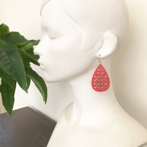 Bright Red Dangle Earrings , Teardrop Wooden Earrings , Large Lightweight Earrings , Boho Hippie Jewellery image 3