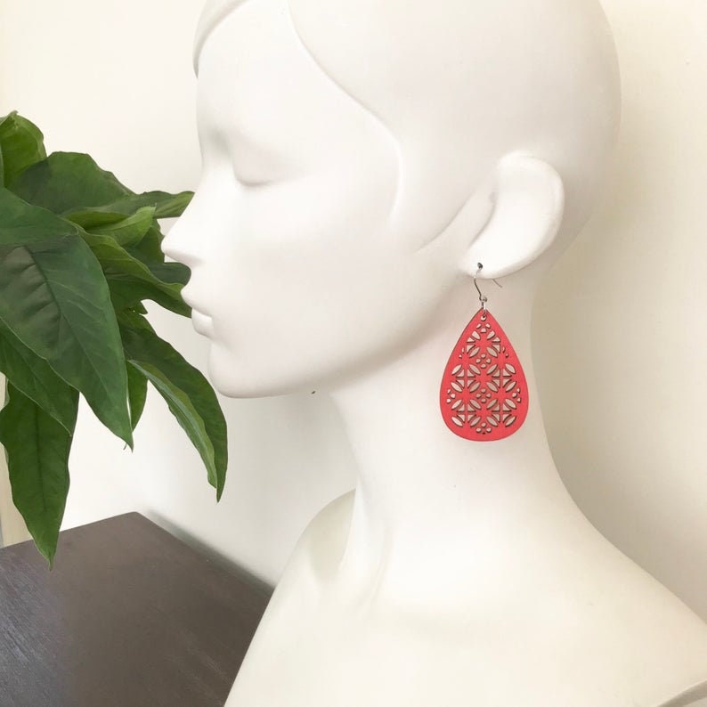 Bright Red Dangle Earrings , Teardrop Wooden Earrings , Large Lightweight Earrings , Boho Hippie Jewellery image 3