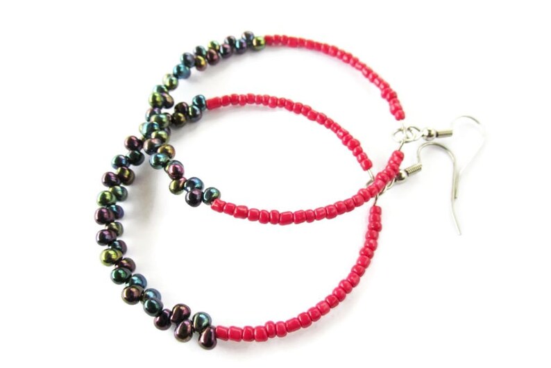 Modern Bohemian Style Jewellery Beaded Hoop Earrings made from Red and Peacock Coloured Glass