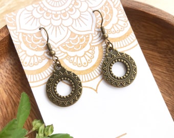 Bronze Circle Medallion Drop Earrings , Little Metal Hoops , Boho Hippie Style Jewellery , Gift for Her , Everyday Wear Jewellery