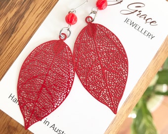 Red Leaf Dangle Earrings , Bright Colourful Jewellery , Nature Inspired Jewellery , Boho Hippie Earrings , Lightweight Dangle Earrings