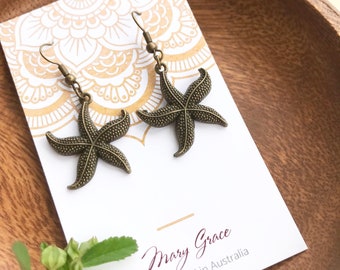 Starfish Dangle Earrings  , Bronze Metal Sea Life Earrings , Beachy Boho Jewellery , Gift for Her , Nature Style Jewellery